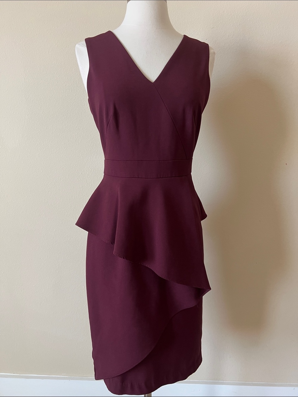 White House Black Market Sleeveless V-Neck Peplum Midi Dress in Wine